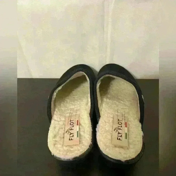 Fly Flot Womens Mule Flat Shoes Black Slip On Sherpa Lined Logo Italy Size 8 - Picture 4 of 8